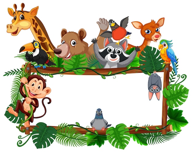 Животные зоопарка на деревянной раме с тропическими растениями