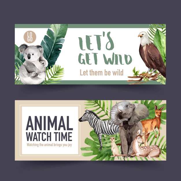 Zoo banner design with zebra, koala, meerkat watercolor illustration.