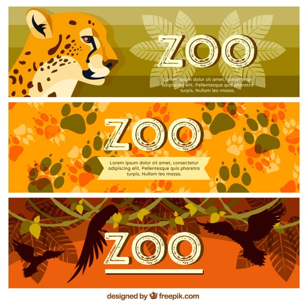 Free vector zoo banners with wild animals and footprints