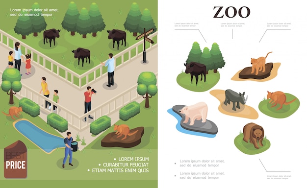 アイソメ図スタイルでバッファローカンガルーやさまざまな動物を見て撮影した訪問者と動物園のカラフルな構図