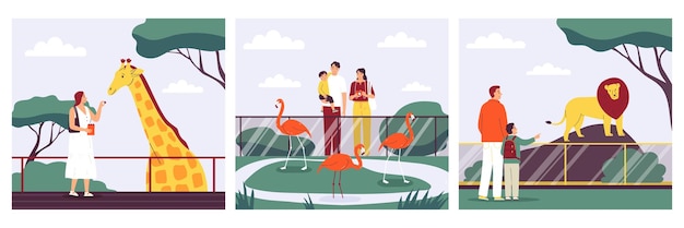 Композиции зоопарка с людьми, кормящими жирафа, глядя на льва и фламинго, плоские изолированные векторные иллюстрации