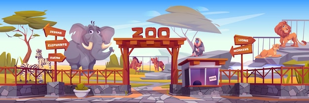 Free vector zoo entrance gate and exotic african animals