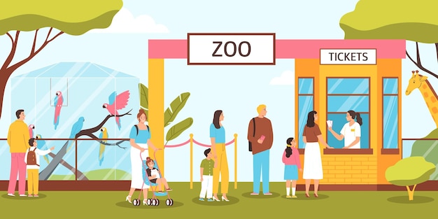 Ingresso allo zoo con persone con bambini in coda e acquisto di biglietti illustrazione vettoriale piatta