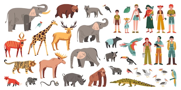 Free vector zoo flat set with different animals birds happy visitors and zookeepers isolated on white background vector illustration