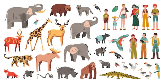 Плоский набор зоопарка с различными животными, птицами, счастливыми посетителями и работниками зоопарка, изолированными на белом фоне векторной иллюстрации
