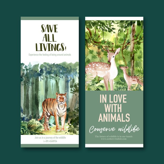 Zoo flyer design with deer, tiger watercolor illustration.