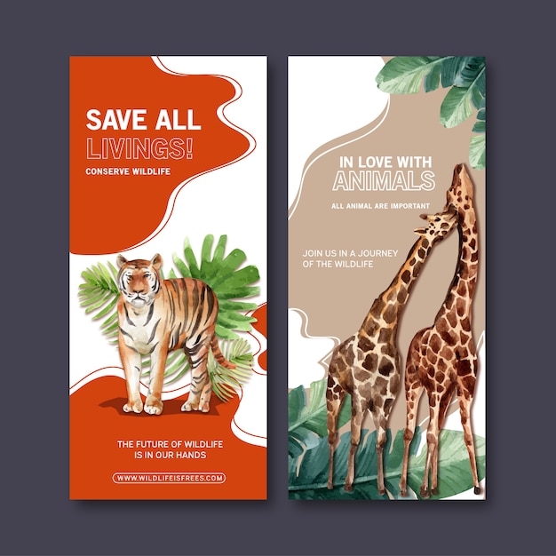 Дизайн листовки зоопарка с тигром, Жираф Акварельные иллюстрации.