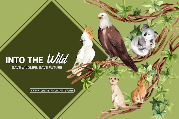 Free vector zoo frame design with eagle, rabbit, meerkat watercolor illustration.