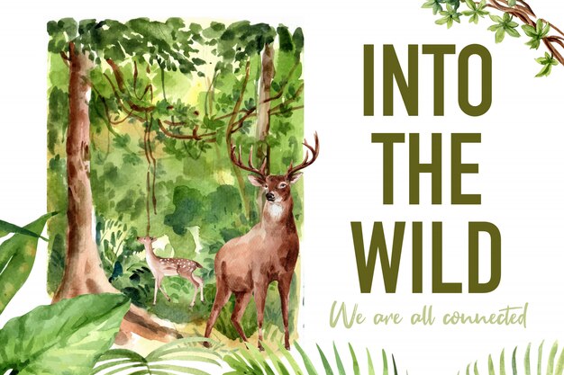 Zoo frame design with tree, deer watercolor illustration.