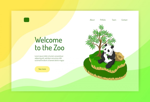 Concetto isometrico dello zoo della pagina web con il panda durante il cibo vicino all'albero su colore