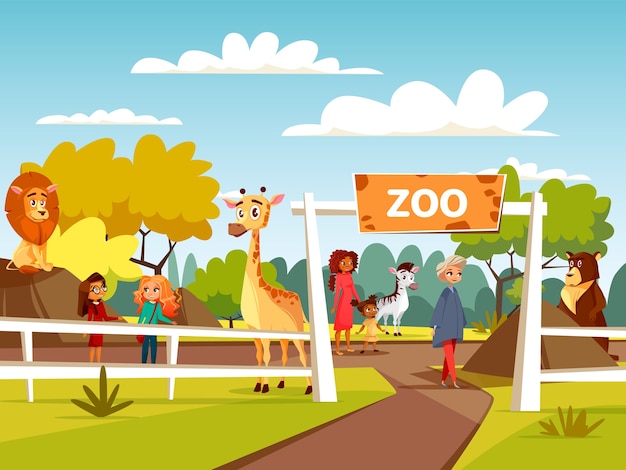 Zoo or petting zoo cartoon design. Open zoo wild animals and visitors 