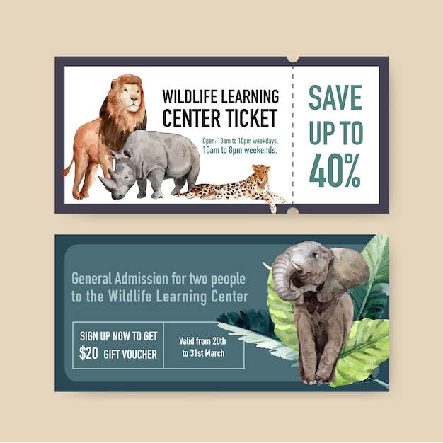 Free vector zoo ticket design with lion, rhino, elephant watercolor illustration.