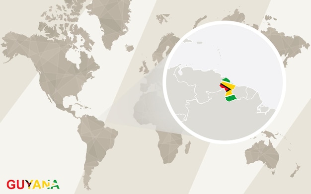 Zoom on guyana map and flag. world map.