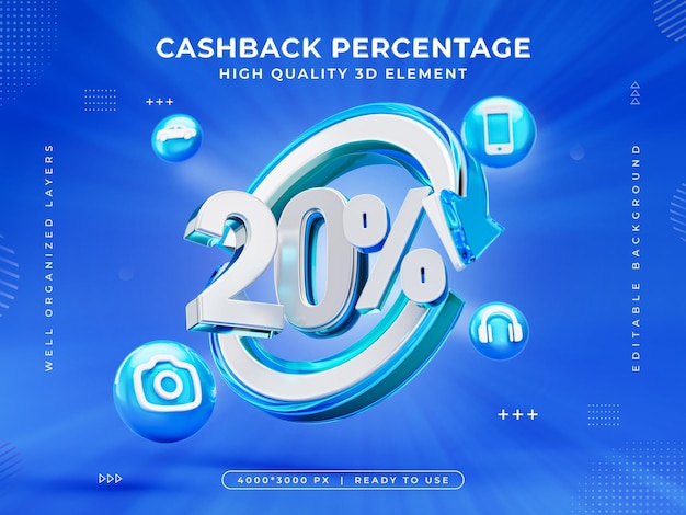 Kostenlose PSD 20 prozent cashback-symbol isolierte 3d-rendering-illustration