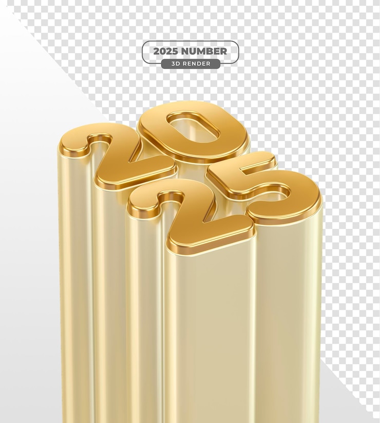 Kostenlose PSD 2025 goldnummern auf dem podest in 3d-rendering für auszeichnungen und leistungsthemen mit transparentem hintergrund