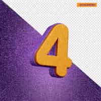 Kostenlose PSD 3d-alphabet nummer 4 mit orangefarbener und violetter glitzerstruktur