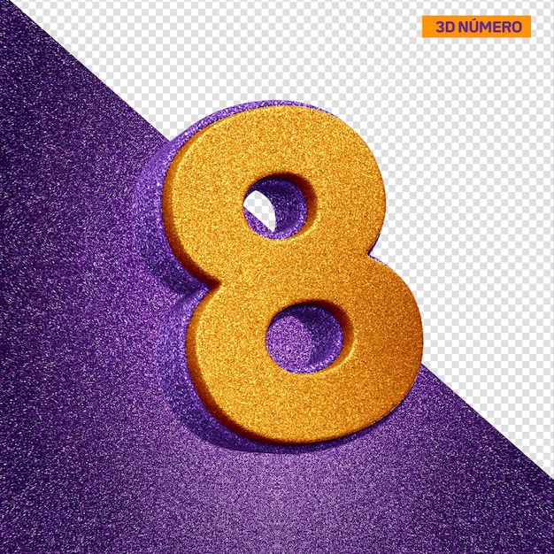 3d-alphabet nummer 8 mit orangefarbener und violetter glitzerstruktur