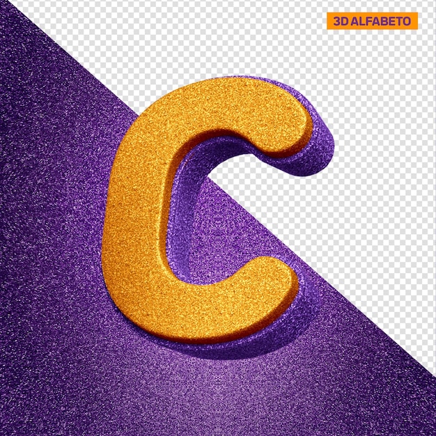 3d-alphabetbuchstabe c mit orangefarbener und violetter glitzerstruktur