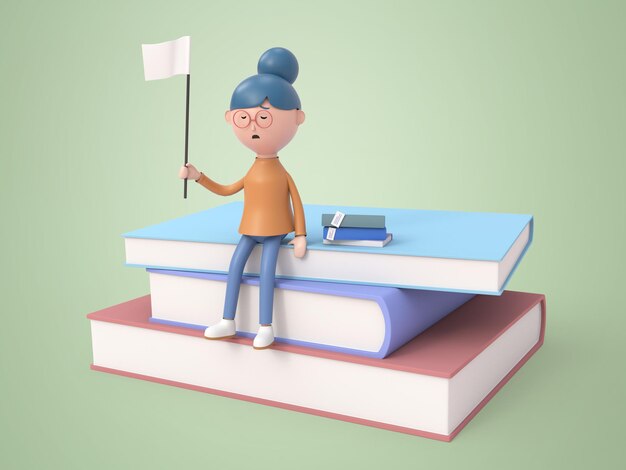 3D-Cartoon-Frau, die auf einem Buch sitzt und eine weiße Flagge hisst