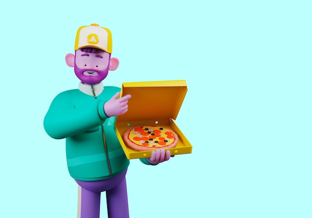 3D-Darstellung des Liefermanncharakters, der Pizza hält