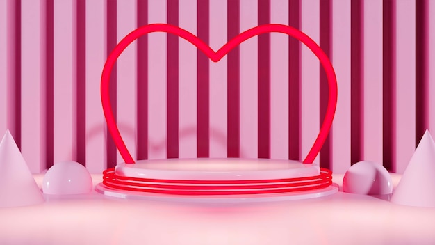 3d-darstellung des neonlichtpodiums mit herz zum valentinstag