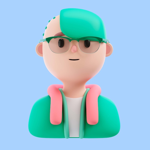 3D-Darstellung einer Person mit Brille und halb rasiertem Kopf