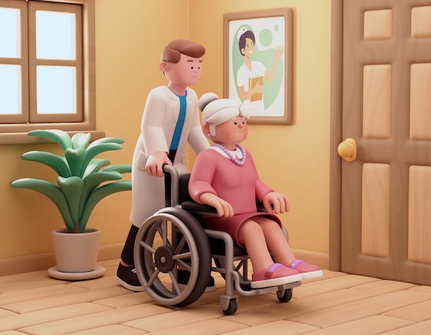 3D-Darstellung für Pflegeheim mit Frau und Rollstuhl