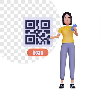3d-frau zeigt den zu scannenden barcode