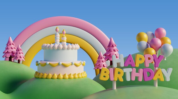 3D-Geburtstagshintergrund mit Märchenelementen