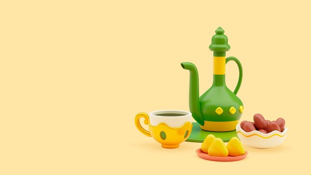 3D-Hintergrund von Ramadan mit Teekanne und Tasse