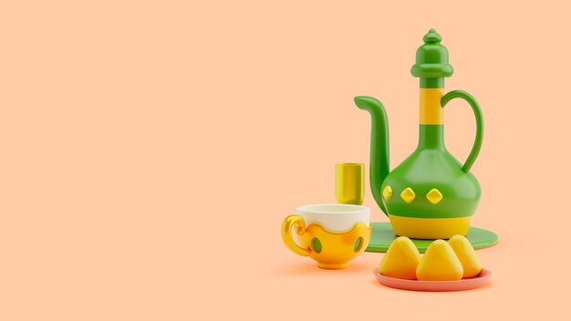 3D-Hintergrund von Ramadan mit Teekanne und Tasse