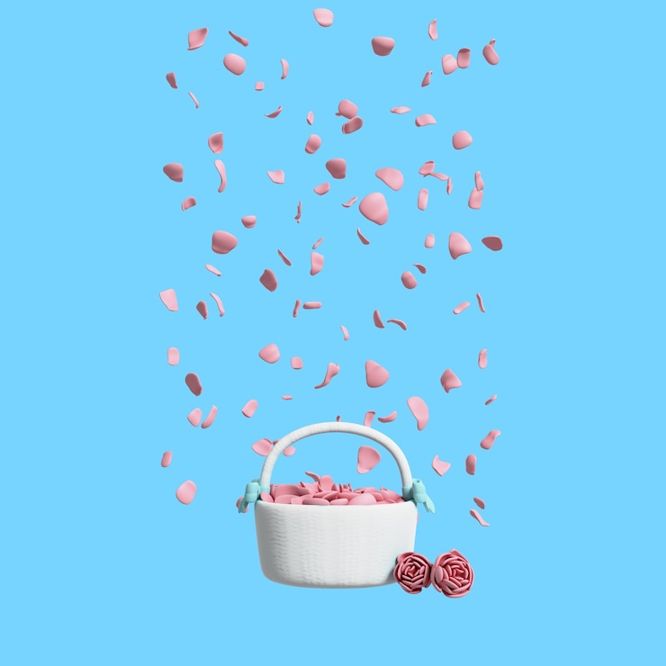 Kostenlose PSD 3d-hochzeitsillustration eines blumenblütenkorbs