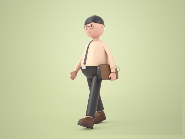 3D-Illustration Cartoon-Charakter Geschäftsmann mit Brille zu Fuß, er hält eine Ledertasche in der Hand, Rendering