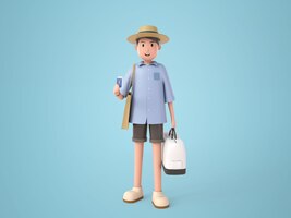3d-illustration cartoon-charakter junger backpacker-mann mit sombrero, um mit weißer tasche zu reisen und reisepass mit lächeln zu zeigen