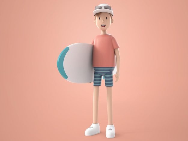 3D-Illustration Cartoon-Figur eines süßen Mannes, der ein Surfbrett in der Hand hält und in seinem Sommerurlaub Shorts mit Mütze und Sonnenbrille trägt