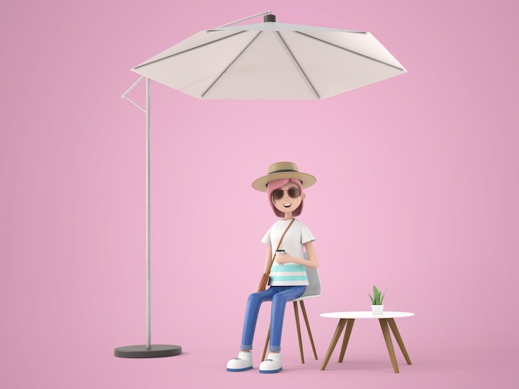Kostenlose PSD 3d-illustration cartoon-figur hübsche frau, die ein getränk in der hand hält und auf einem stuhl unter einem großen sonnenschirm am strand sitzt, während sie sich im sommerurlaub entspannen?