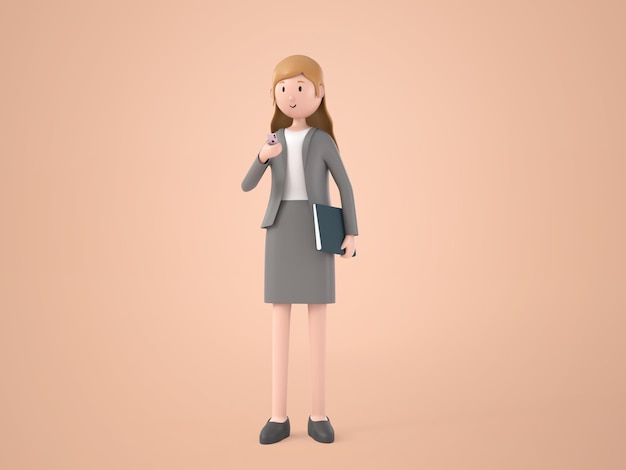 3D-Illustration Cartoon-Figur junge berufstätige Frau stehend und Smartphone auf weiß verwenden