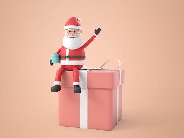 3D-Illustration Cartoon-Figur Santa Claus mit einem Geschenk und sitzt über einem großen Geschenkkarton, isoliert weiß. Wiedergabe