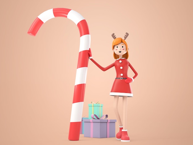 3d-illustration cartoon-figur schöne frau mit santa kostüm stehend mit großen süßigkeiten und stapel von geschenkboxen