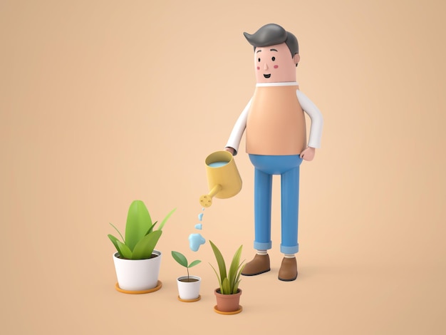 3d-illustration charakter junger mann sitzt bewässerung auf zimmerpflanze rendering