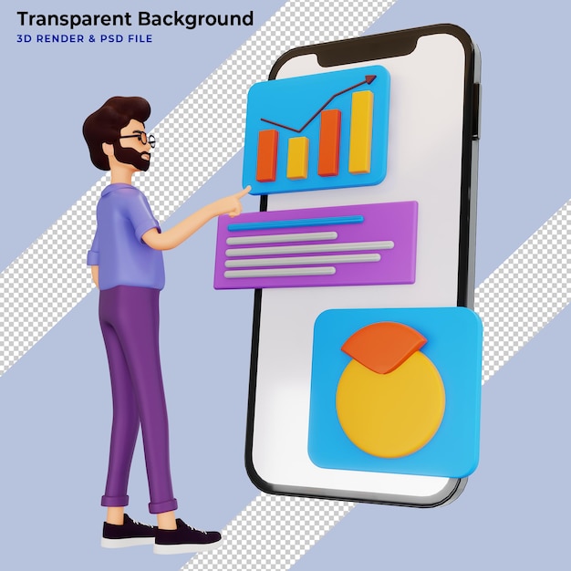 3d-illustration eines bärtigen mannes, der ein dashboard erstellt und mit diagrammen interagiert