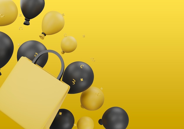 3d-illustration für den schwarzen freitag mit luftballons und einkaufstasche