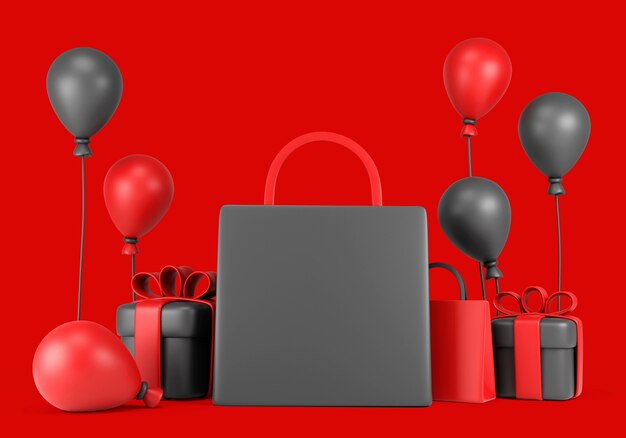 3d-illustration für den schwarzen freitag mit luftballons und einkaufstasche