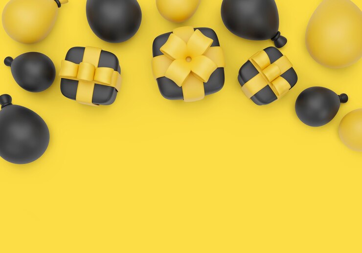 Kostenlose PSD 3d-illustration für den schwarzen freitag mit luftballons und geschenken