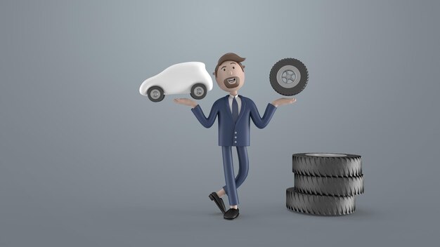 3D-Illustration Zeichentrickfigur Weihnachtsmann mit einem Geschenk und einer goldenen Glocke. Isolierter weißer Hintergrund. Wiedergabe