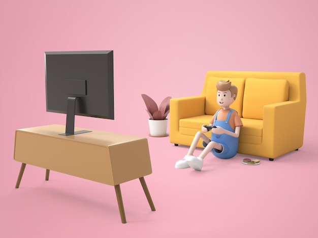 3D-Illustrationscharakter süßer Junge genießt es, ein Spiel im Wohnzimmer zu spielen