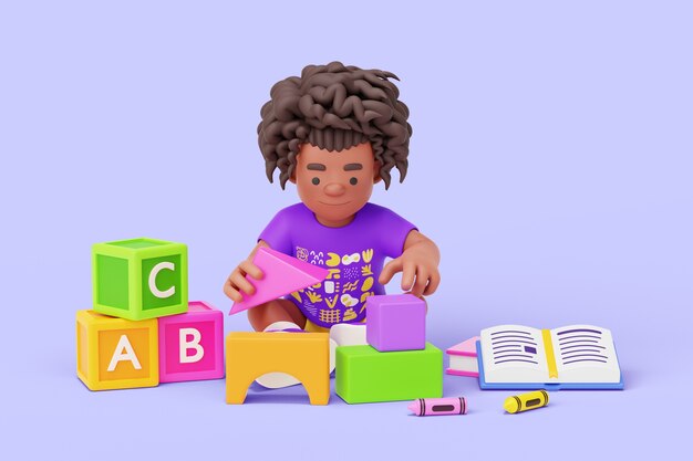 3D-Kindergartenfigur, die mit Spielzeug spielt