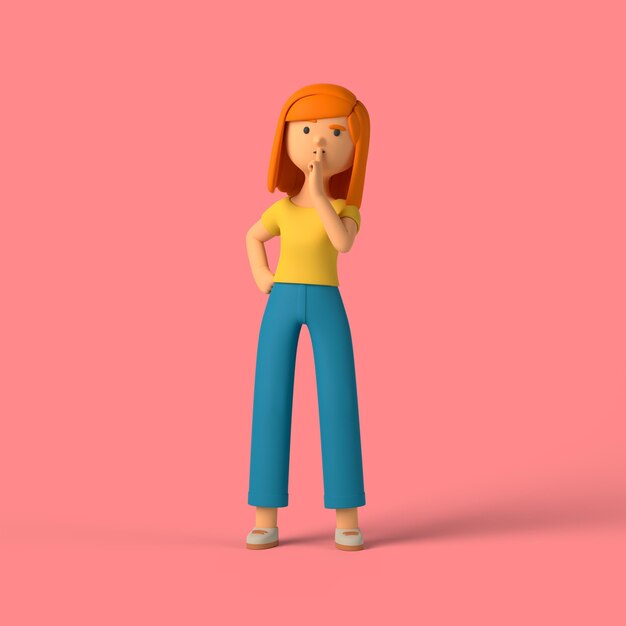3D-Mädchencharakter, der tief denkt