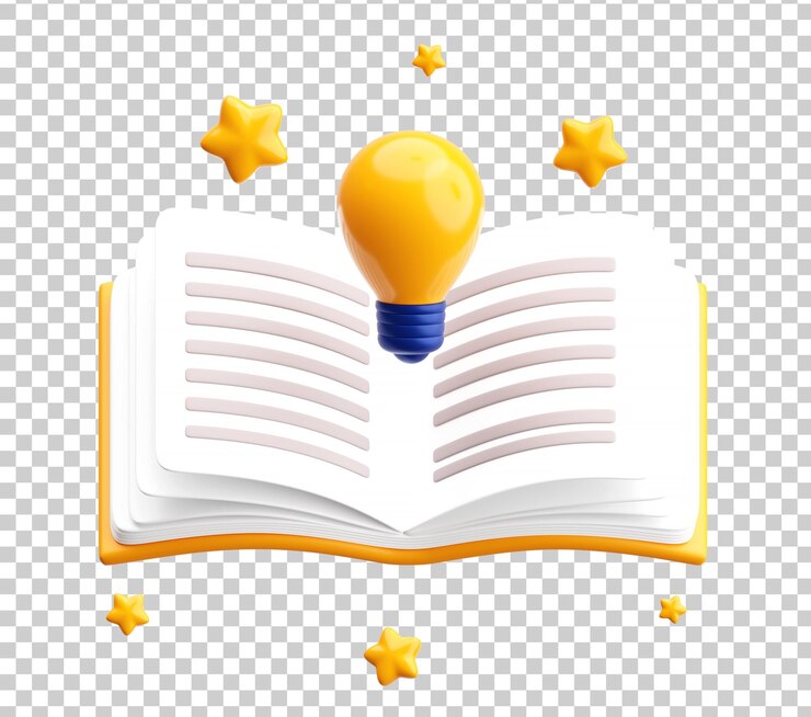 Kostenlose PSD 3d-offenbuch mit glühbirne und sternen für kreatives lernen und wissensinspiration