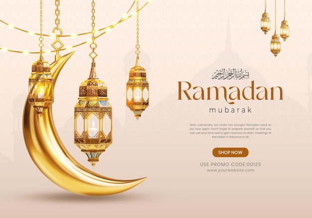 3d ramadan kareem social media banner vorlage mit halbmond und islamischen laternen